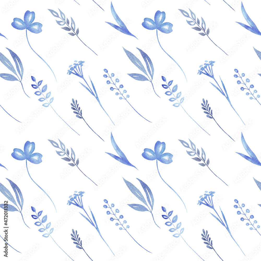 Fototapeta premium Blue foliage. Watercolor. Seamless pattern. Hand painting