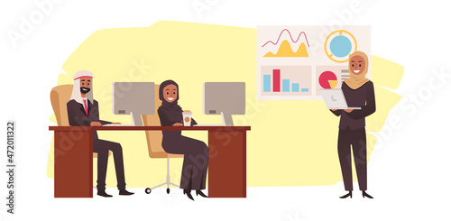 Office with Arabic Muslim business men and women, flat vector illustration.