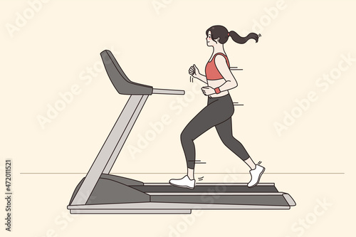 Active sporty lifestyle and jogging concept. Young smiling girl wearing sportswear running in gym on treadmill feeling excited vector illustration 