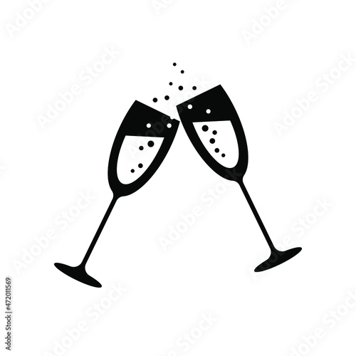 A pair of crystal glasses with a sparkling drink. Celebratory glasses clink loudly, splashing champagne. Cute black icon on a white background. Vector.