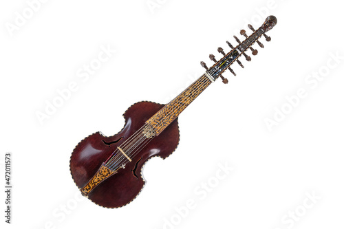 Canvastavla Seven stringed viola d'amore with sympathetic strings, dark wooden body, inlays
