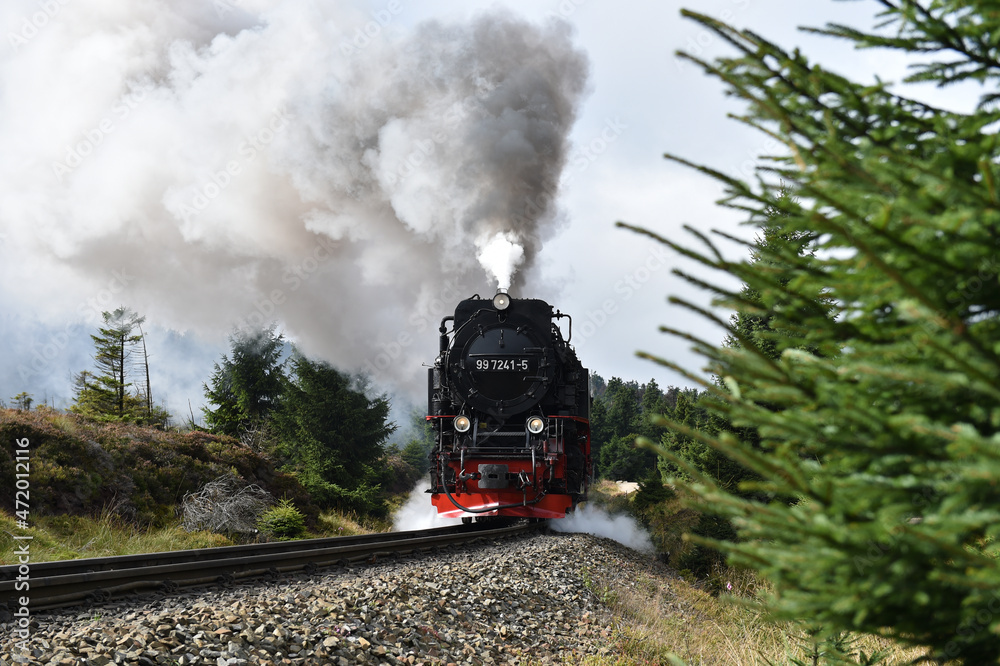 Obraz premium Dampflokomotive auf dem Weg zum Brocken im Harz