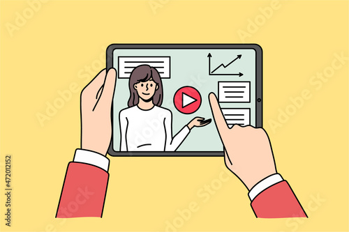 Close up of person hold tablet watch financial educational webinar on gadget online. Man use pad device enjoy tutorial or training on internet. Remote education concept. Vector illustration. 