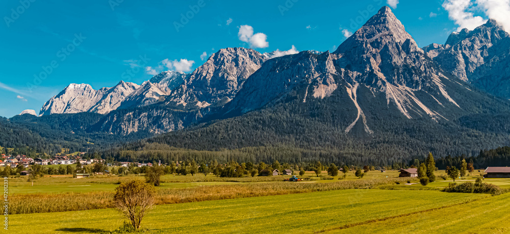 Beautiful alpine summer view with the famous Sonnenspitze summit near Lermoos, Tyrol, Austria