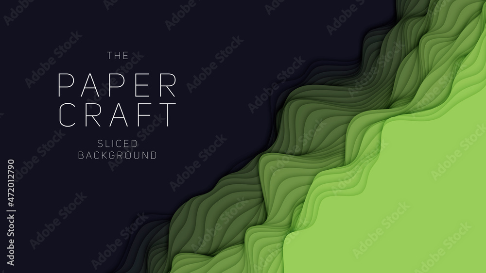 Green paper layers. 3D abstract gradient papercut. Colorful origami shape concept