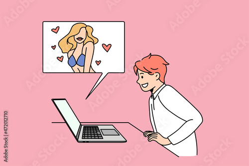 Smiling teen boy look at computer screen watch only for adults video on device online. Happy child or kid use laptop for banned censored content. Parental control, censorship. Vector illustration. 