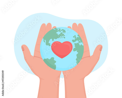 Planet conservation charity 2D vector isolated illustration. Holding planet with heart symbol flat first view hands on cartoon background. International non profit organization colourful scene