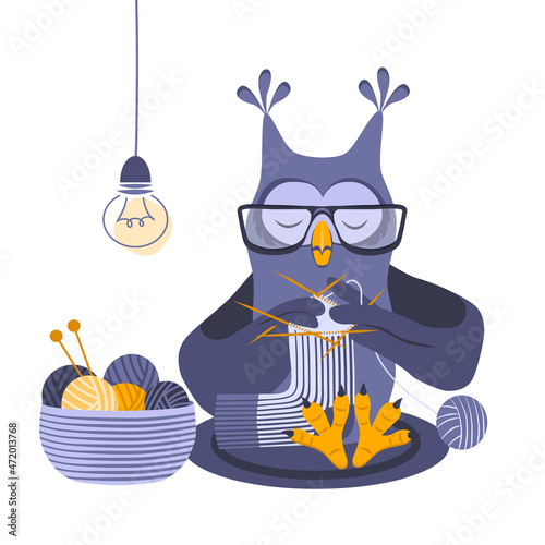 Serious owl with glasses knits a sock on 5 knitting needles. A basket of tangles is standing nearby. Cartoon vector illustration, design for print, sticker and postcard. Isolated on white background.