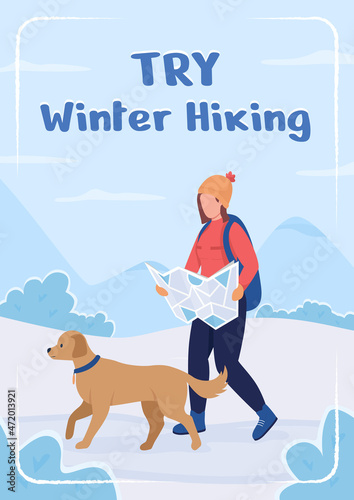 Try winter hiking poster flat vector template. Seasonal trekking. Brochure, booklet one page concept design with cartoon characters. Wintertime activity flyer, leaflet with copy space