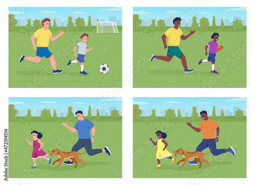 Playing with dad outdoors flat color vector illustration set. Training dog together. Soccer game. Smiling kids with fathers 2D cartoon characters collection with green landscape on background