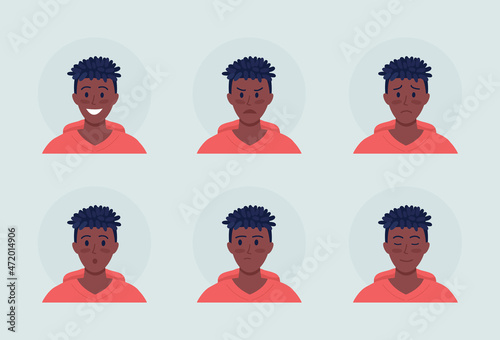 Man with emotional expressions semi flat color vector character avatar set. Portrait from front view. Isolated modern cartoon style illustration for graphic design and animation pack