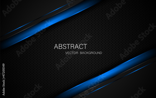 Abstract black and blue polygons overlapped on dark steel mesh background with free space for design. modern technology innovation concept background
