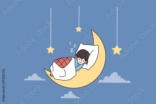 Good sleep and sweet dreams concept. Small kid with smile on face lying in bed on moon sleeping having sweet dreams with falling hanging stars from sky vector illustration 