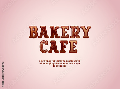 Original 3d font in the chocolate style, rounded alphabet slab serif, uppercase and lowercase letters from A to Z and numbers from 0 to 9, vector illustration 10EPS