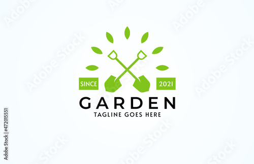 Shovel logo design, simple green shovel logo inspiration, usable for gardening and business logo design, flat design logo template, vector illustration