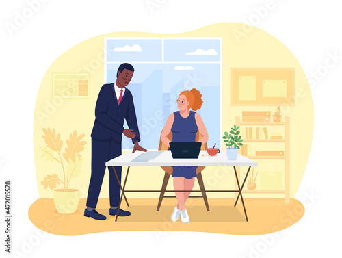 Helpful boss at work 2D vector isolated illustration. Productive and efficient management. Manager with employee. Coworkers flat characters on cartoon background. Company organization colourful scene