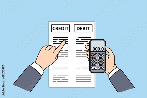 Close up of businessman busy calculating expenses and profits with calculator machine in office. Male accountant check expenditures manage budget. Finance and banking. Vector illustration.
