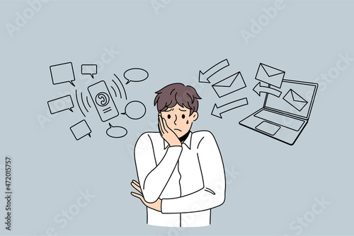 Stressed businessman feel anxious with phone and computer notifications. Unhappy worried man employee or worker distressed frustrated with workload online. Overwork concept. Vector illustration. 