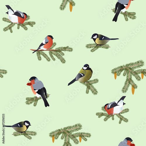 Seamless pattern with bullfinches and titmouses on spruce branches on a light green background