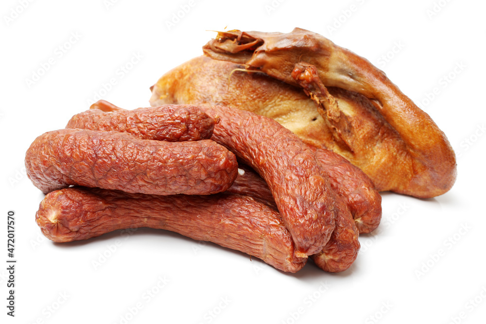 Smoked duck and Sausage on white background Smoked duck and Sausage on white background
