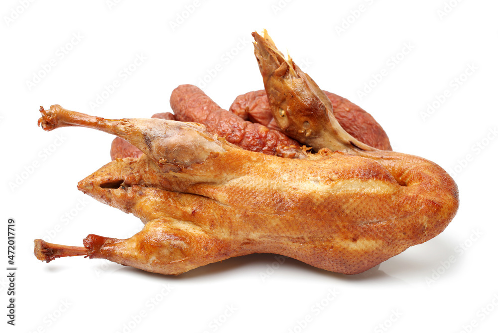 Smoked duck and Sausage on white background Smoked duck and Sausage on white background