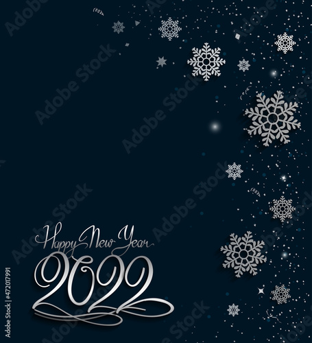 happy new year 2022 silver color with snowflake isolated blue background