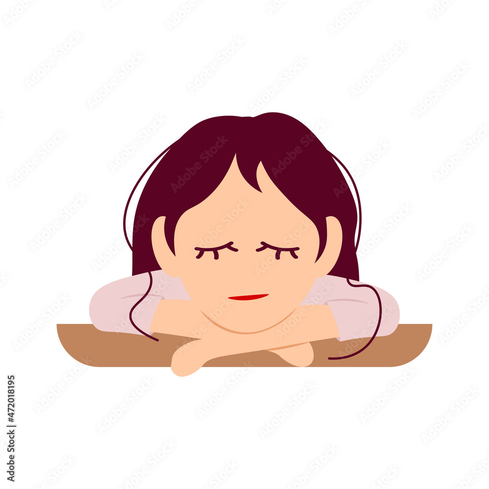 Tired sleeping girl at the table. Vector illustration in flat cartoon style Tired sleeping girl at the table. Vector illustration in flat cartoon style