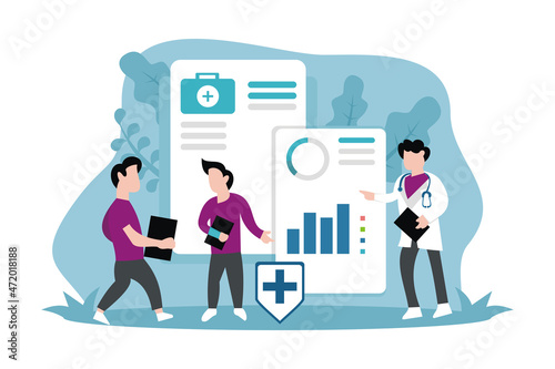 illustration vector graphic of a doctor is giving directions to his two assistants regarding medical data with charts, perfect for medical, pharmacy, hospital, healthy, etc.