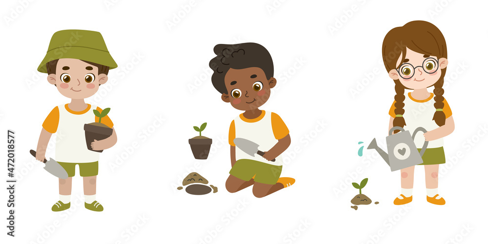 Set of eco friendly children gardening and restoration nature. Collection of little kids gardener. Set of eco friendly children gardening and restoration nature. Collection of little kids gardener.