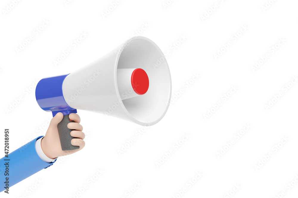 Cartoon hand holding a megaphone isolated in white background. 3d illustration. Cartoon hand holding a megaphone isolated in white background. 3d illustration.