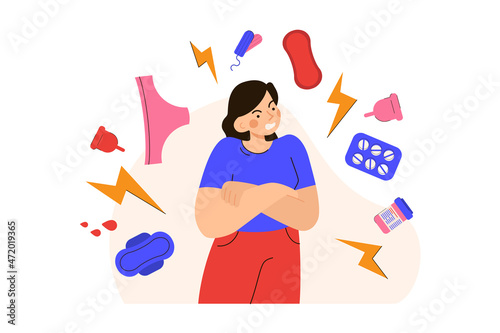 Angry woman during menstruation. Female character experience mood change. PMS, hormonal disbalance, stress concept. Modern flat vector illustration