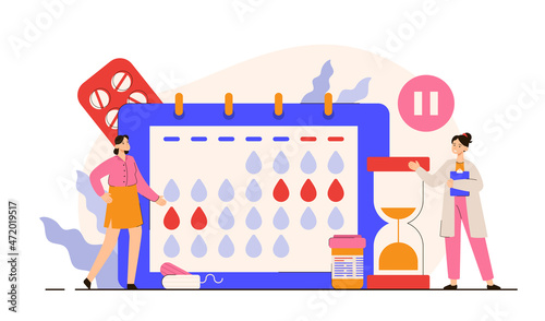 Doctor consulting woman about menopause. Female health, climax, hormone replacement therapy concept. Modern flat vector illustration