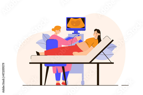 Doctor making an ultrasound to a pregnant woman. Pregnancy and motherhood concept. Modern flat vector illustration