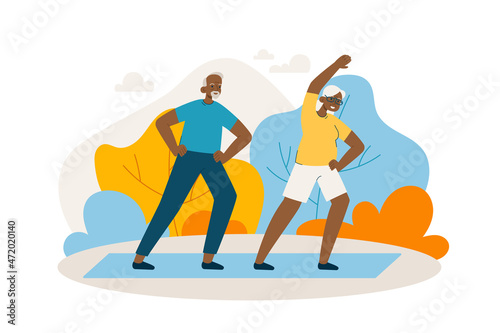 Black elderly couple doing yoga in park. Happy aged man and woman doing exercises outdoors. Active retirement  sport and healthy lifestyle concept. Modern flat vector illustration