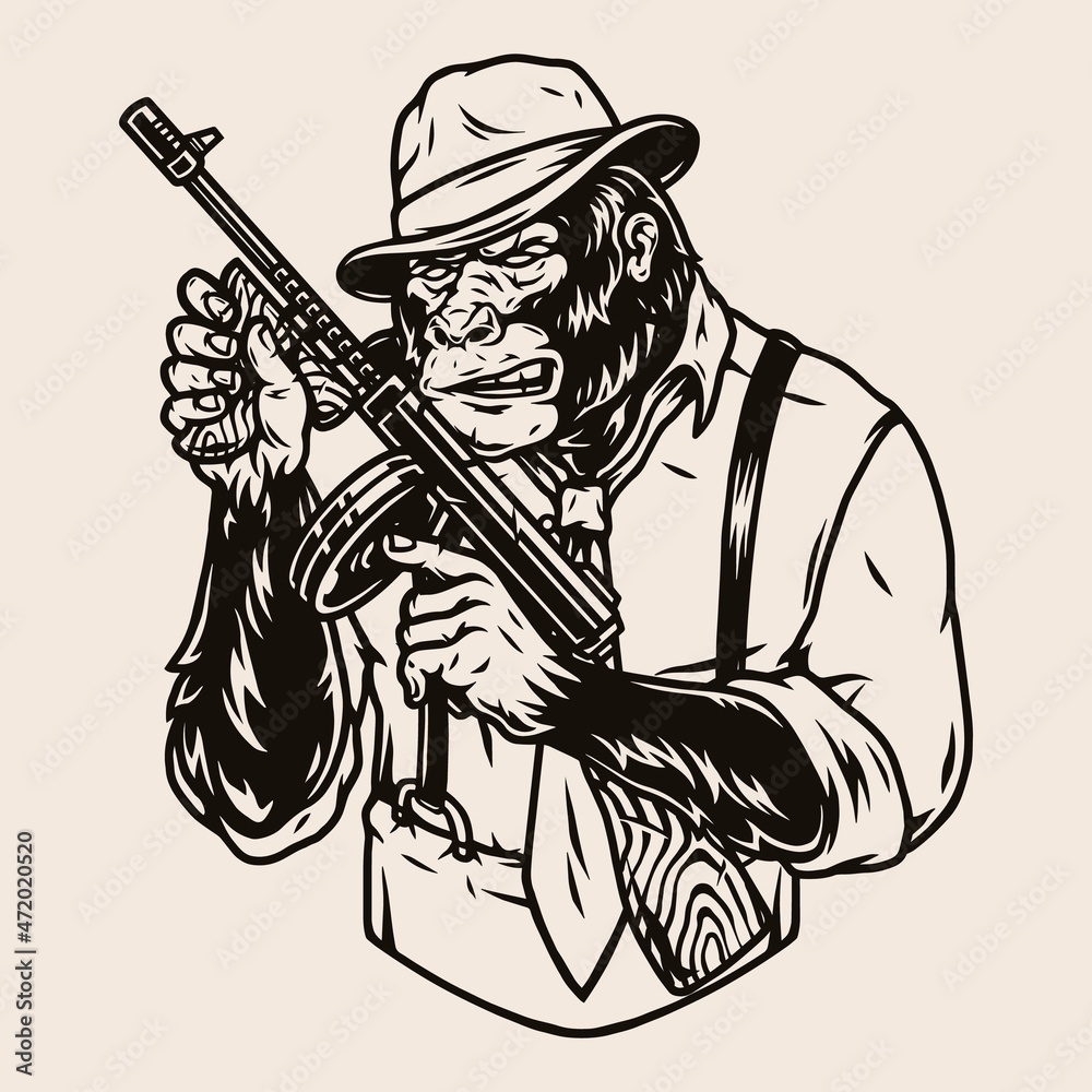 Naklejka premium Dangerous mafia boss gorilla in fedora hat