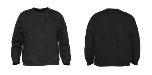 Blank sweatshirt color black on invisible mannequin template front and back view on white background

