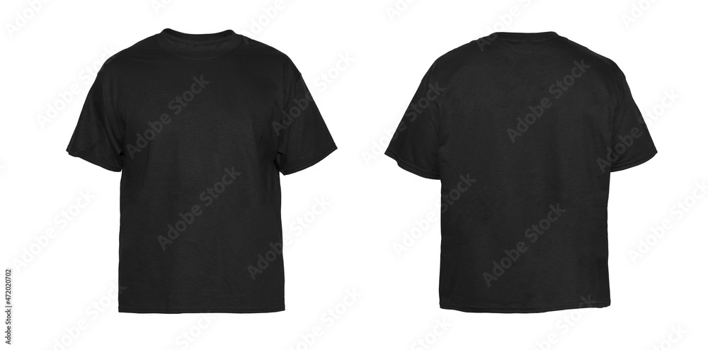 Blank T Shirt color black template front and back view on white