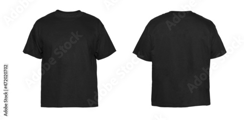 Blank T Shirt color black template front and back view on white background
