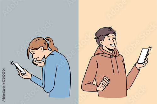 People using smartphones get bad and good messages on social media. Happy and sad man and woman with cellphone feel emotional with notifications or text. Addiction, technology. Vector illustration. 