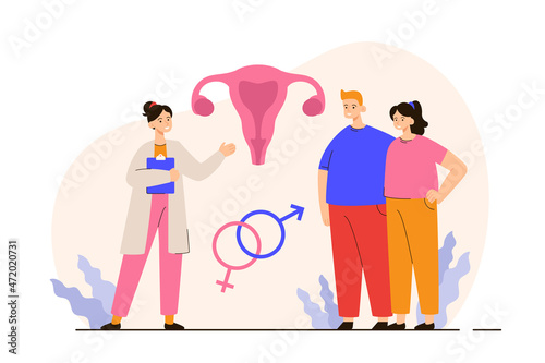 Happy young married couple consulting fertility doctor. Future mother and father standing together. Pregnancy, family and parenthood concept. Modern flat vector illustration