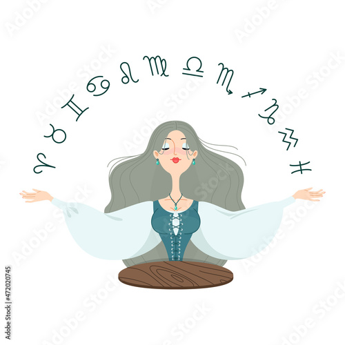 Fortune teller female character. Cartoon illustration of a beautiful girl with raising hands telling the future by seeing zodiac signs isolated on a white background. Astrology concept. Vector 10 EPS.