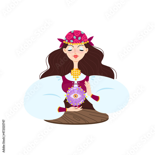 Fortune teller female character. Gypsy oracle. Cartoon illustration of a beautiful girl telling the future by seeing a magic ball isolated on a white background. Vector 10 EPS.