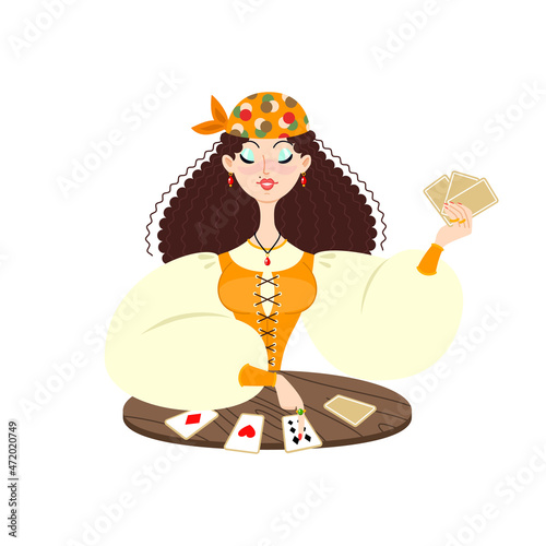 Fortune teller female character. Gypsy oracle. Cartoon illustration of a beautiful girl telling the future by seeing cards isolated on a white background. Vector 10 EPS.