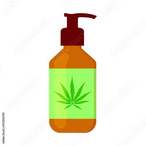 CBD oil lotion with cannabis leaf on label. Hemp cosmetic product for skin or hair in bottle isolated on white background. Cannabidiol for woman beauty care. Vector cartoon illustration