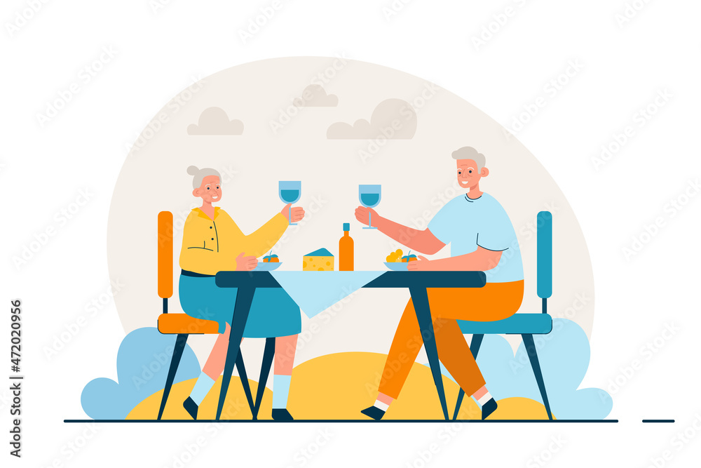 Happy elderly couple in city street outdoor cafe. Senior man and woman spending time together having fun. Active retirement lifestyle concept. Modern flat vector illustration
