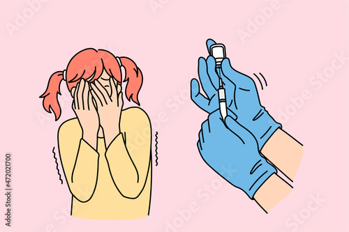 Scared little girl child cover face afraid of injection in hospital. Stressed small kid feel fear for vaccination, have phobia for needles. Healthcare, childcare and medicine. Vector illustration. 