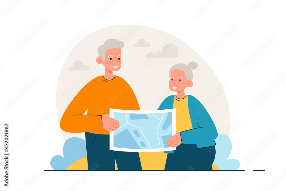 Elderly couple reading map. Happy aged man and woman going on vacation together. Active retirement lifestyle and tourism concept. Modern flat vector illustration Elderly couple reading map. Happy aged man and woman going on vacation together. Active retirement lifestyle and tourism concept. Modern flat vector illustration