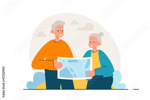 Elderly couple reading map. Happy aged man and woman going on vacation together. Active retirement lifestyle and tourism concept. Modern flat vector illustration