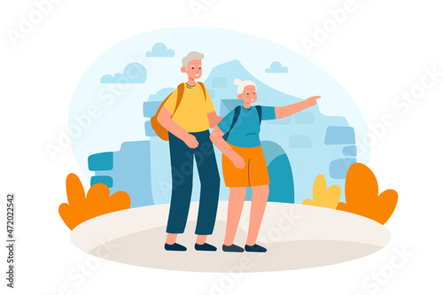 Elderly couple standing at the ruins. Happy aged man and woman on vacation together. Active retirement lifestyle and tourism concept. Modern flat vector illustration