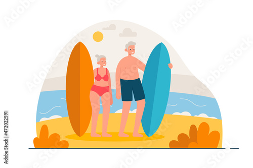 Elderly couple spending time at the beach with surfboards. Happy aged man and woman on summer vacation. Active retirement, sport and healthy lifestyle concept. Modern flat vector illustration
